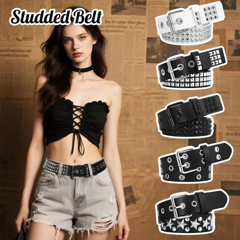 Unisex Punk Studded Belt Faux Leather Pyramid Rivet Adjustable 27-40 in - Picture 2 of 6
